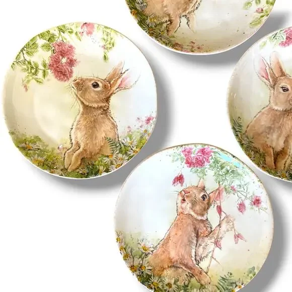 Southern Living Bunny 8.5” Salad Plate 4Pc Glazed Ceramic Bunnies Flowers Easter - Picture 3 of 10